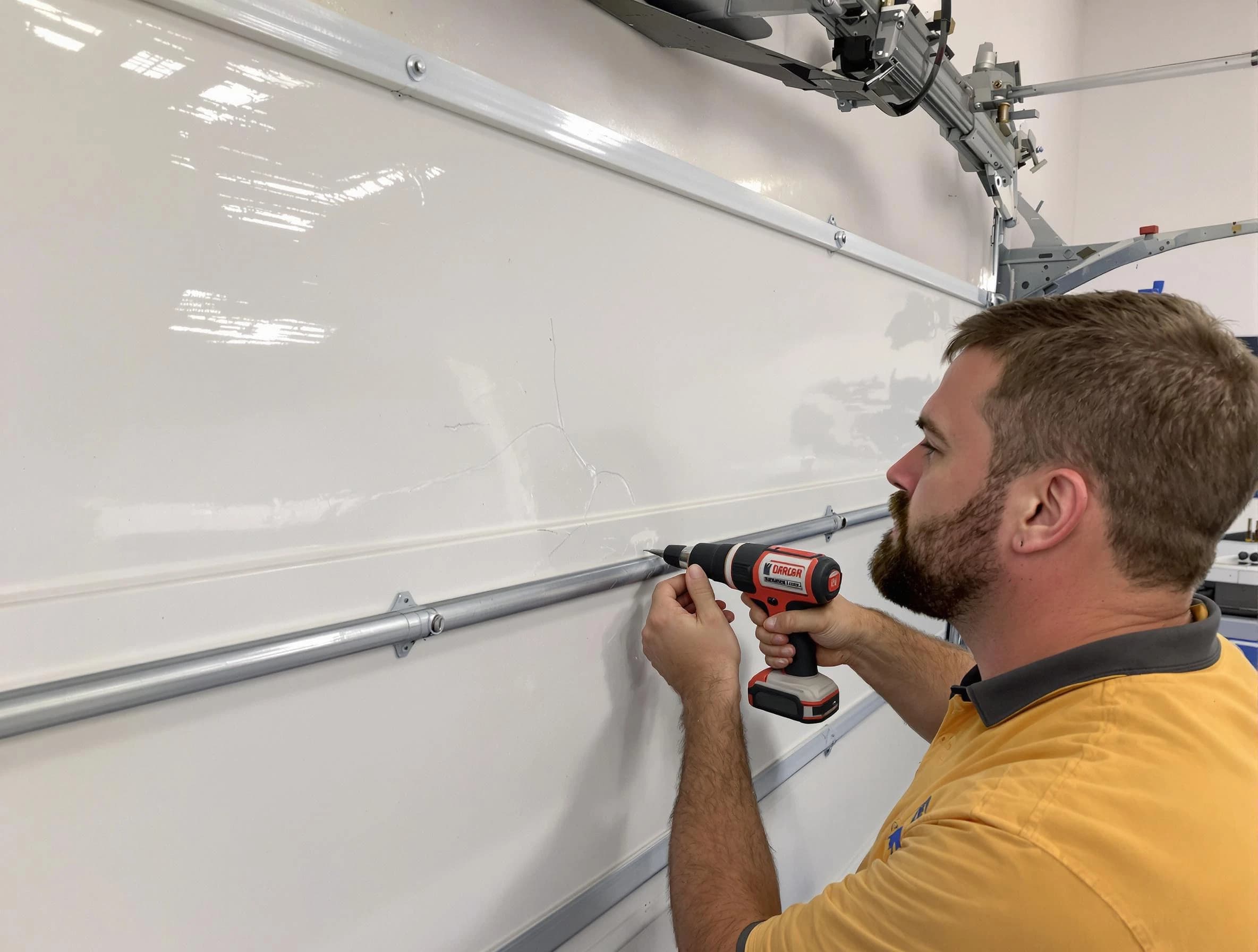 Maricopa Garage Door Repair expert performing dent repair on garage door in Maricopa