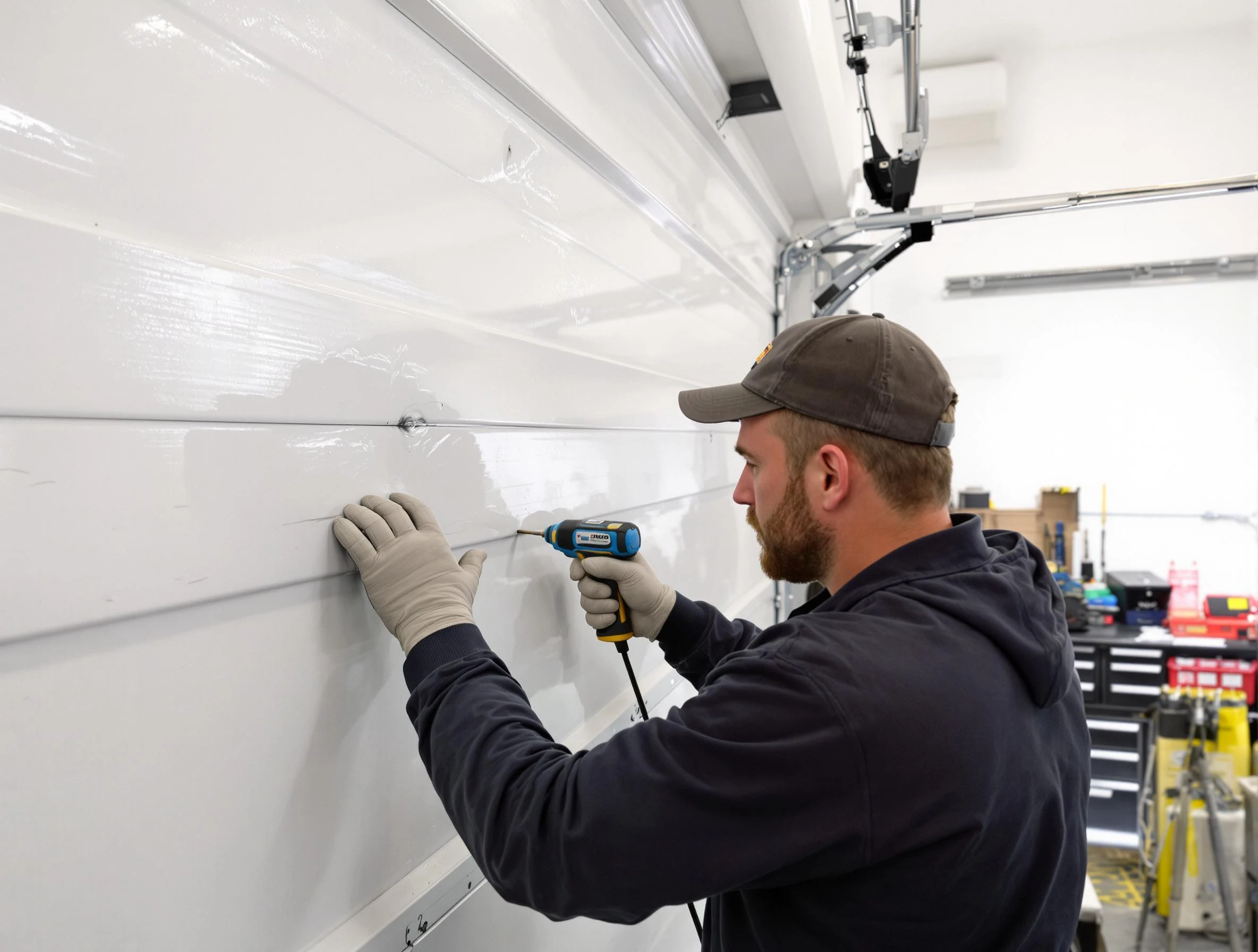 Maricopa Garage Door Repair technician demonstrating precision dent removal techniques on a Maricopa garage door
